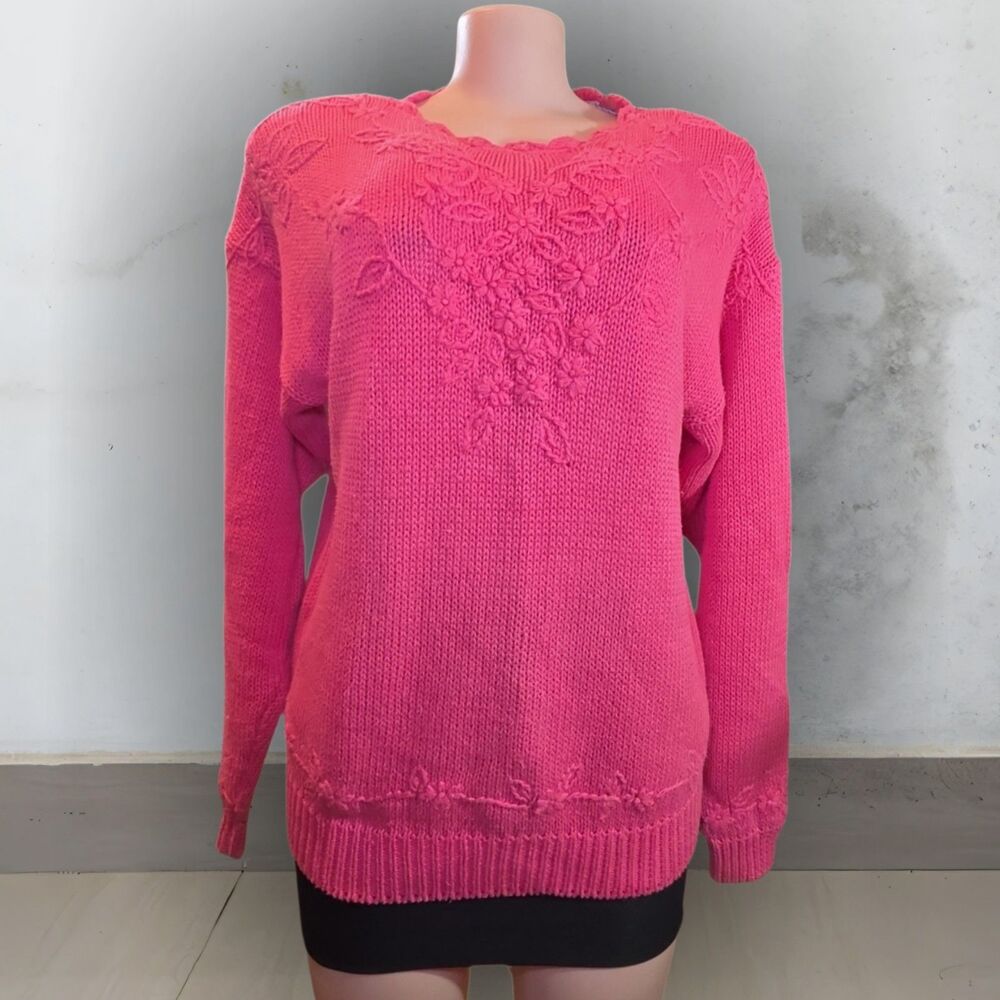 Vintage Cape Isle Knitters Hot Pink BarbieCore Floral Sweater S Hand Knitted